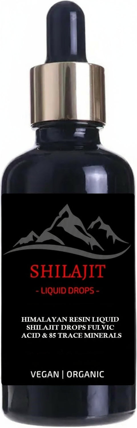 Shilajit liquid drop bottle with black label featuring mountain design and text.